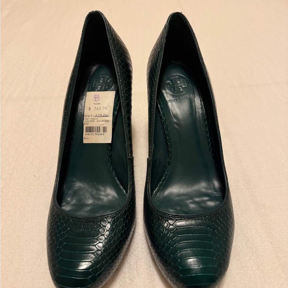 Tory Burch Marianne Dark Green Textured Heels